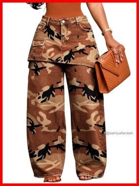 High Rise Wide Leg Cargo Jeans with Skirt Overlay and Pockets